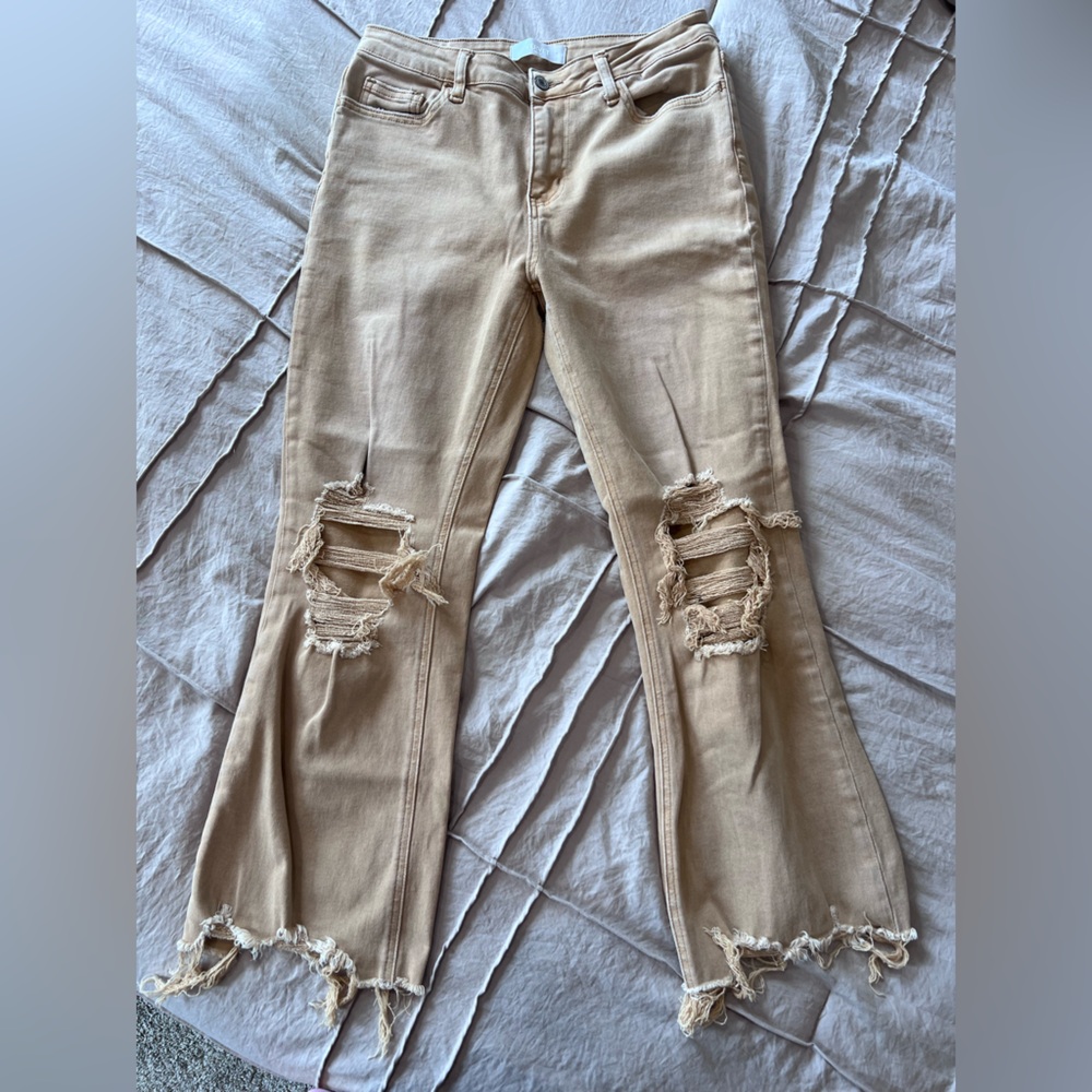 Vervet Frayed Tan Straight Leg Jeans